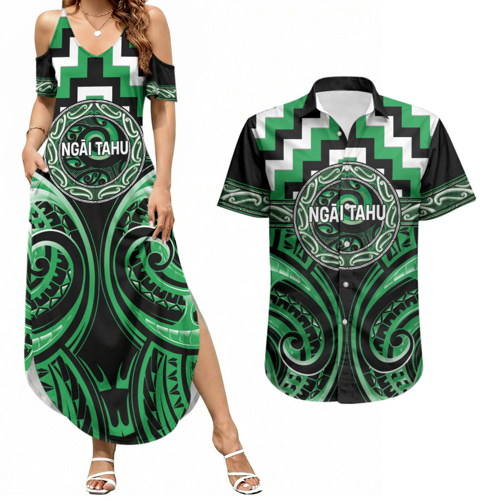 Aotearoa Ngai Tahu Personalised Couples Matching Summer Maxi Dress and Hawaiian Shirt Maori Iwi Poutama Puhoro Tattoo