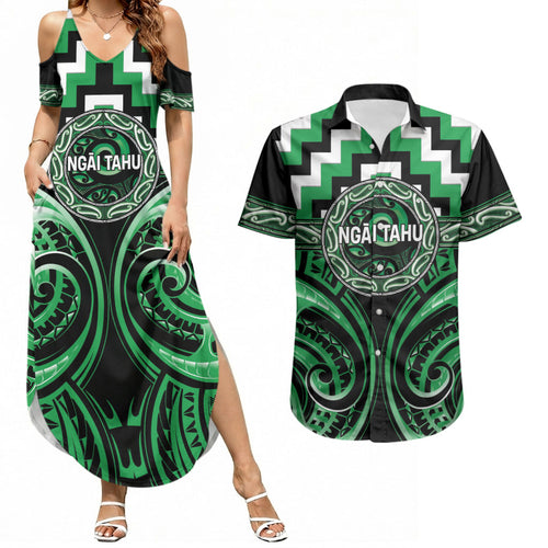 Aotearoa Ngai Tahu Personalised Couples Matching Summer Maxi Dress and Hawaiian Shirt Maori Iwi Poutama Puhoro Tattoo