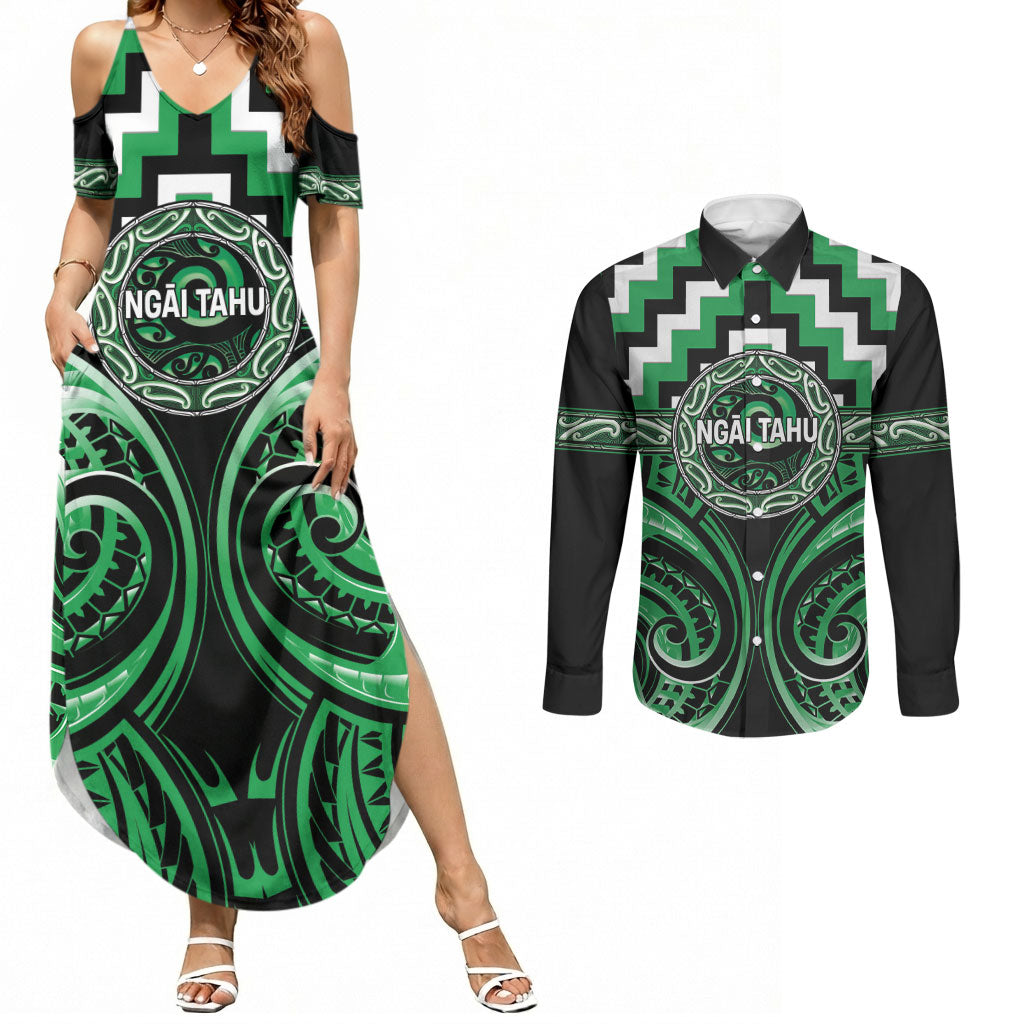 Aotearoa Ngai Tahu Personalised Couples Matching Summer Maxi Dress and Long Sleeve Button Shirt Maori Iwi Poutama Puhoro Tattoo
