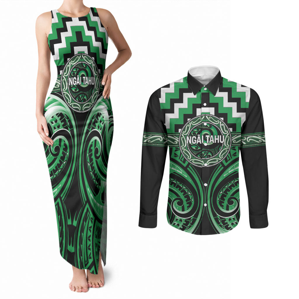 Aotearoa Ngai Tahu Personalised Couples Matching Tank Maxi Dress and Long Sleeve Button Shirt Maori Iwi Poutama Puhoro Tattoo