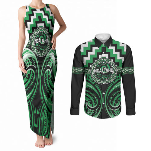 Aotearoa Ngai Tahu Personalised Couples Matching Tank Maxi Dress and Long Sleeve Button Shirt Maori Iwi Poutama Puhoro Tattoo