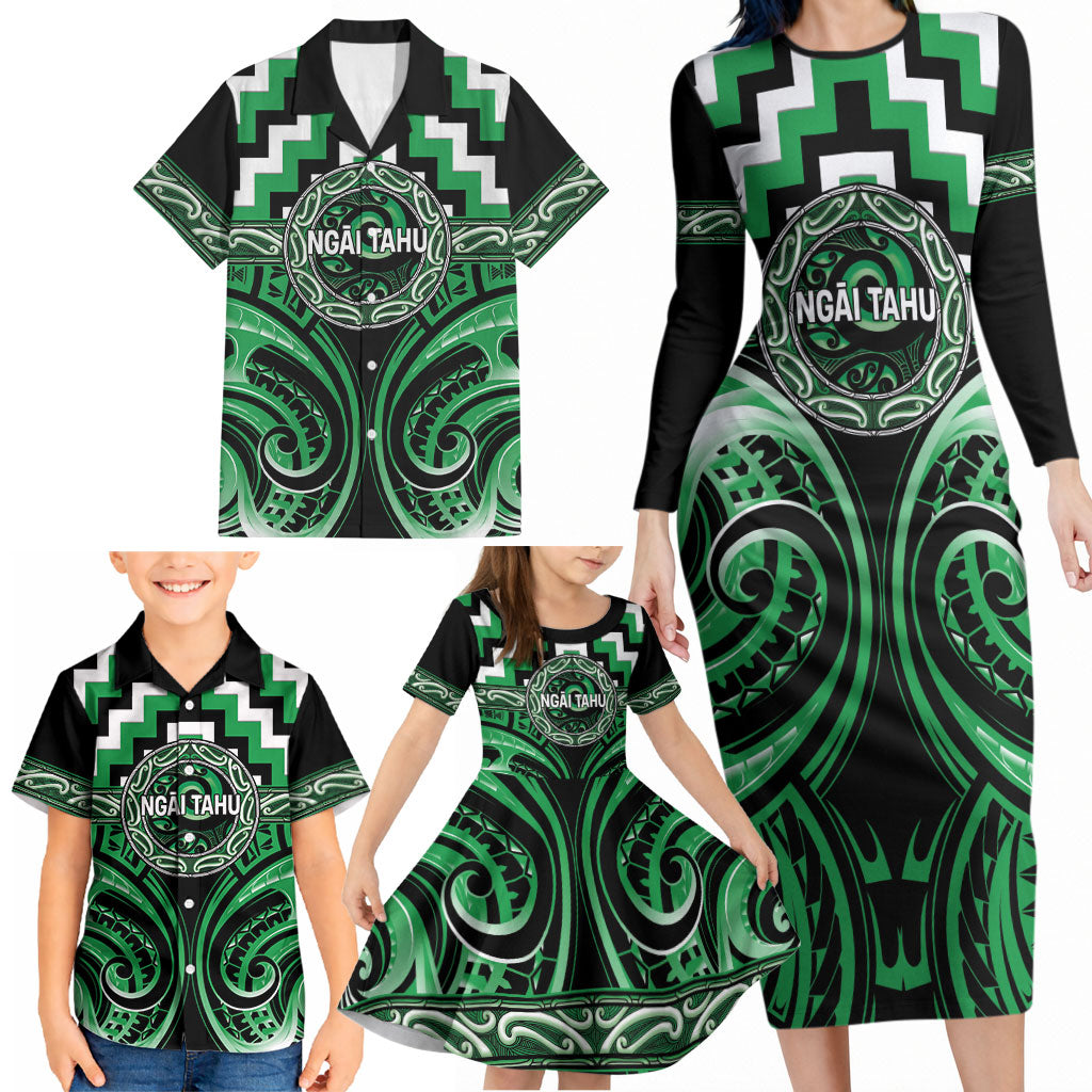 Aotearoa Ngai Tahu Personalised Family Matching Long Sleeve Bodycon Dress and Hawaiian Shirt Maori Iwi Poutama Puhoro Tattoo