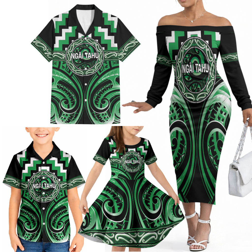 Aotearoa Ngai Tahu Personalised Family Matching Off The Shoulder Long Sleeve Dress and Hawaiian Shirt Maori Iwi Poutama Puhoro Tattoo