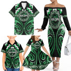 Aotearoa Ngai Tahu Personalised Family Matching Off The Shoulder Long Sleeve Dress and Hawaiian Shirt Maori Iwi Poutama Puhoro Tattoo
