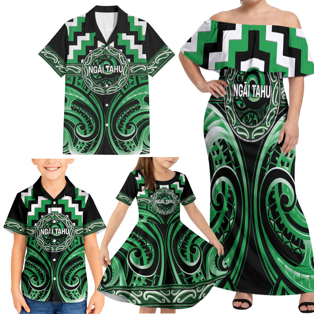 Aotearoa Ngai Tahu Personalised Family Matching Off Shoulder Maxi Dress and Hawaiian Shirt Maori Iwi Poutama Puhoro Tattoo