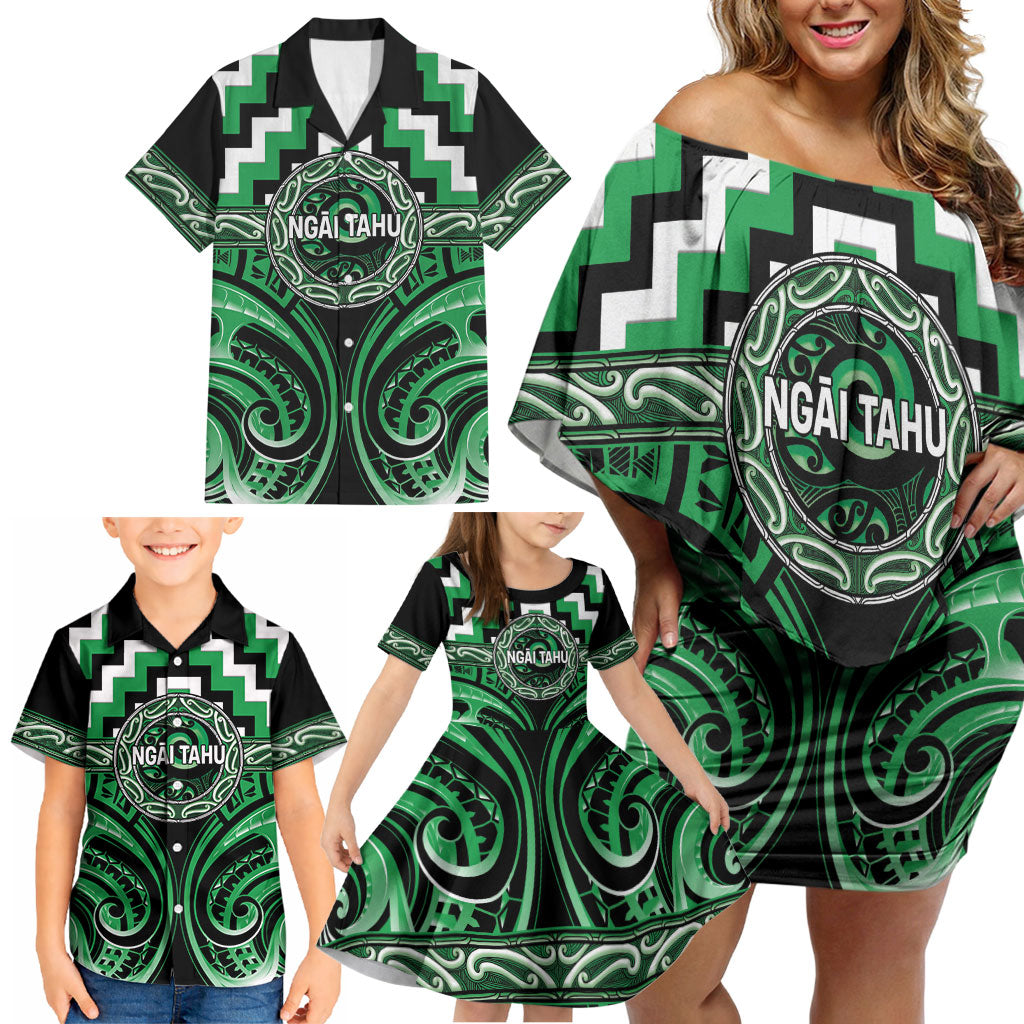 Aotearoa Ngai Tahu Personalised Family Matching Off Shoulder Short Dress and Hawaiian Shirt Maori Iwi Poutama Puhoro Tattoo