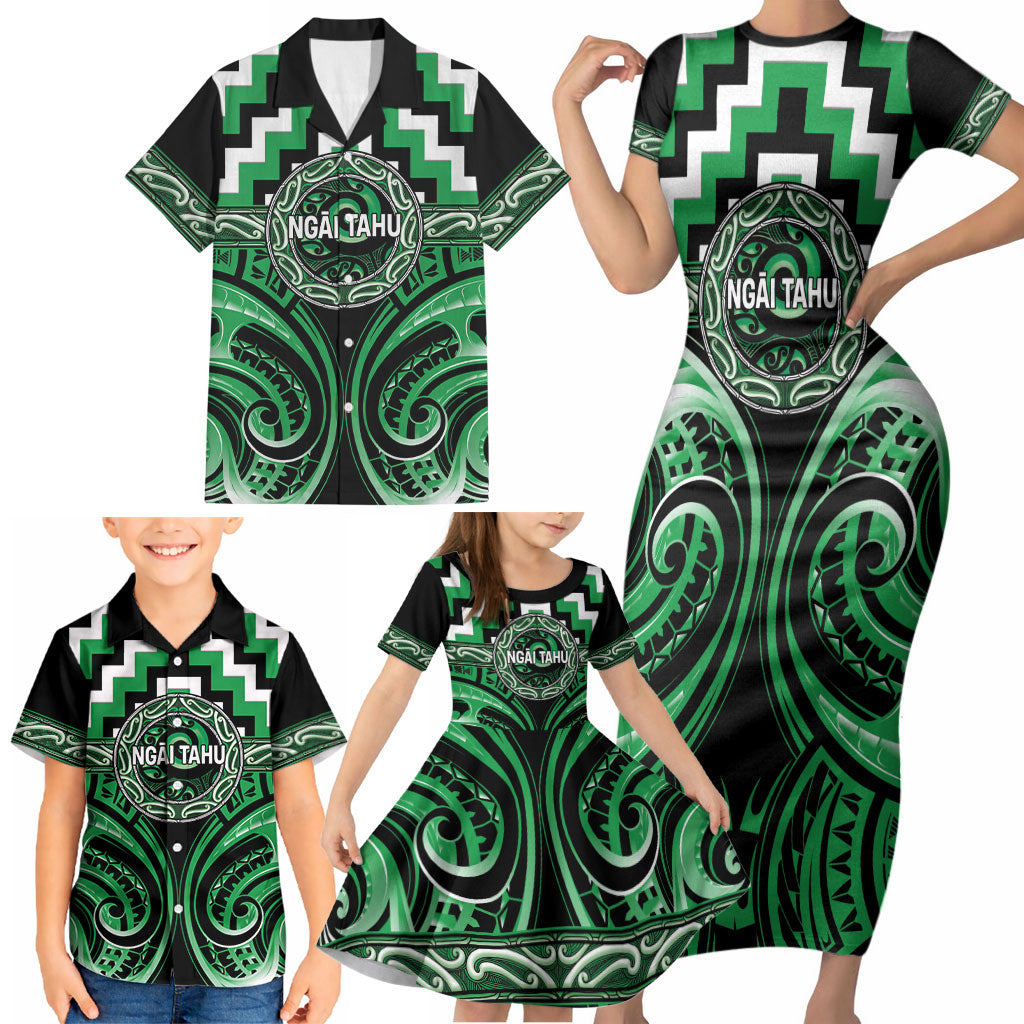 Aotearoa Ngai Tahu Personalised Family Matching Short Sleeve Bodycon Dress and Hawaiian Shirt Maori Iwi Poutama Puhoro Tattoo
