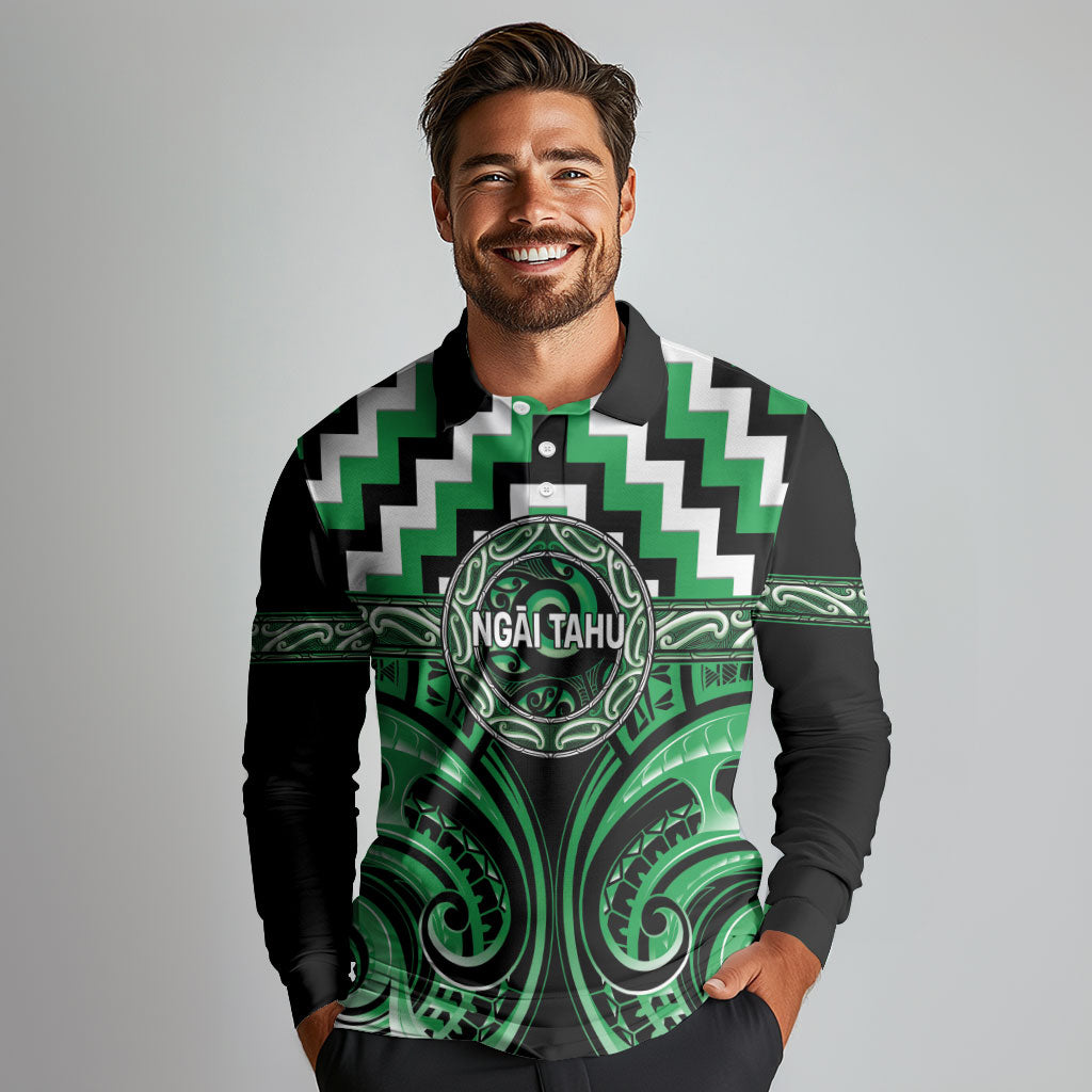 Aotearoa Ngai Tahu Personalised Long Sleeve Polo Shirt Maori Iwi Poutama Puhoro Tattoo