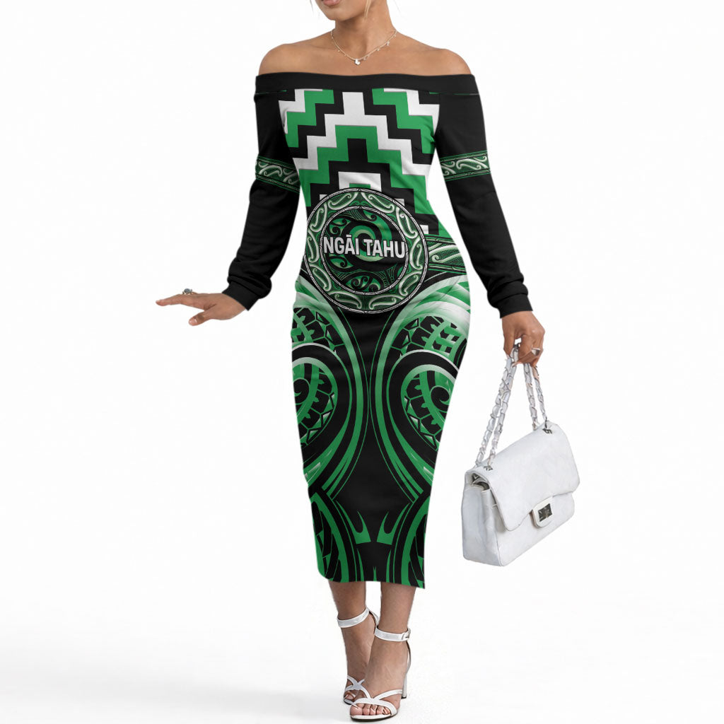Aotearoa Ngai Tahu Personalised Off The Shoulder Long Sleeve Dress Maori Iwi Poutama Puhoro Tattoo