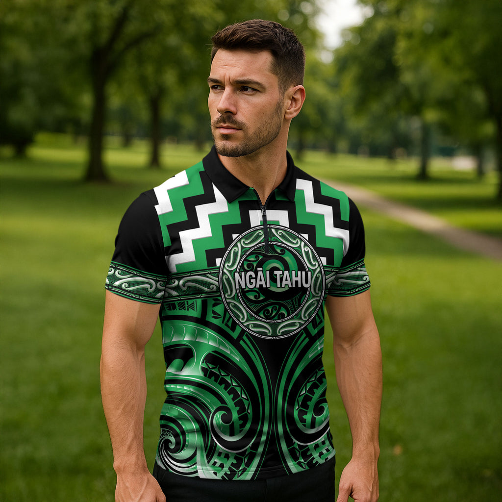 Aotearoa Ngai Tahu Personalised Zipper Polo Shirt Maori Iwi Poutama Puhoro Tattoo