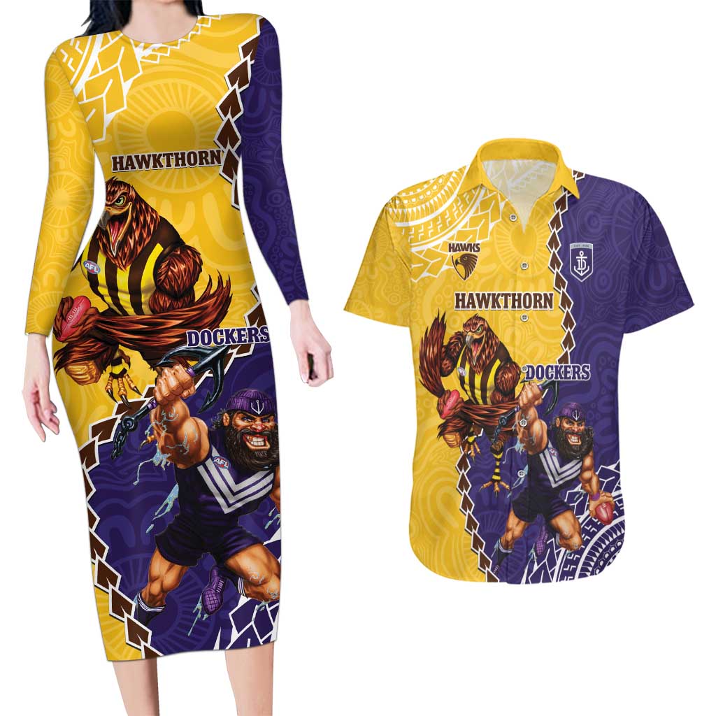 Custom Dockers And Hawks Football Couples Matching Long Sleeve Bodycon Dress and Hawaiian Shirt Aboriginal Mix Polynesian Pattern