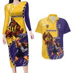 Custom Dockers And Hawks Football Couples Matching Long Sleeve Bodycon Dress and Hawaiian Shirt Aboriginal Mix Polynesian Pattern