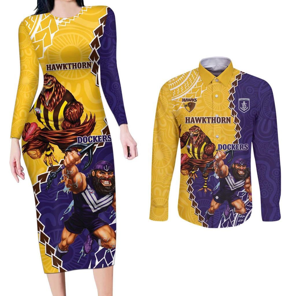 Custom Dockers And Hawks Football Couples Matching Long Sleeve Bodycon Dress and Long Sleeve Button Shirt Aboriginal Mix Polynesian Pattern