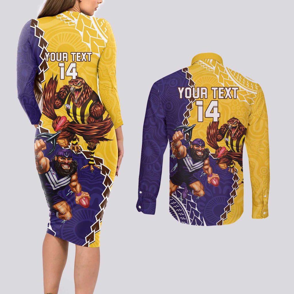 Custom Dockers And Hawks Football Couples Matching Long Sleeve Bodycon Dress and Long Sleeve Button Shirt Aboriginal Mix Polynesian Pattern