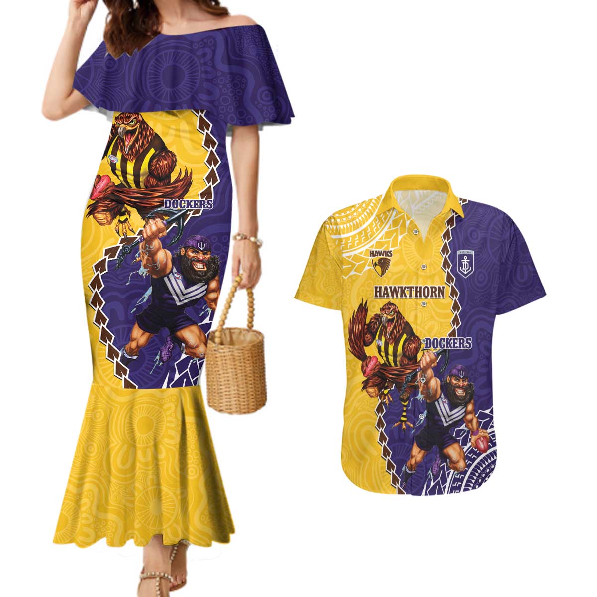 Custom Dockers And Hawks Football Couples Matching Mermaid Dress and Hawaiian Shirt Aboriginal Mix Polynesian Pattern