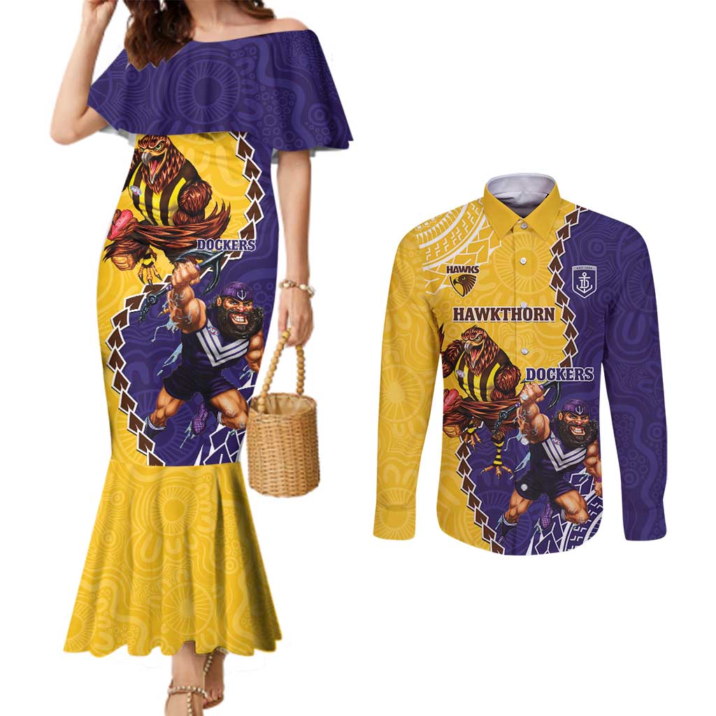 Custom Dockers And Hawks Football Couples Matching Mermaid Dress and Long Sleeve Button Shirt Aboriginal Mix Polynesian Pattern
