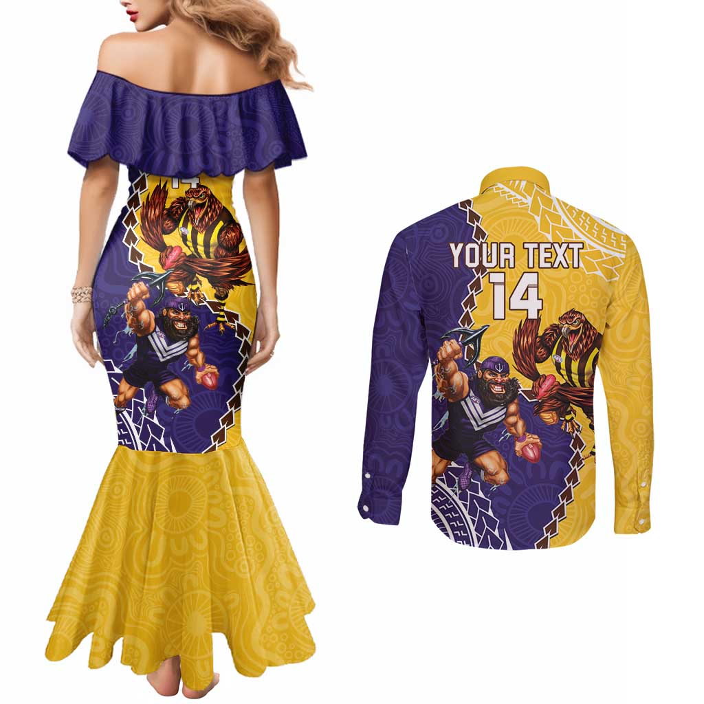 Custom Dockers And Hawks Football Couples Matching Mermaid Dress and Long Sleeve Button Shirt Aboriginal Mix Polynesian Pattern