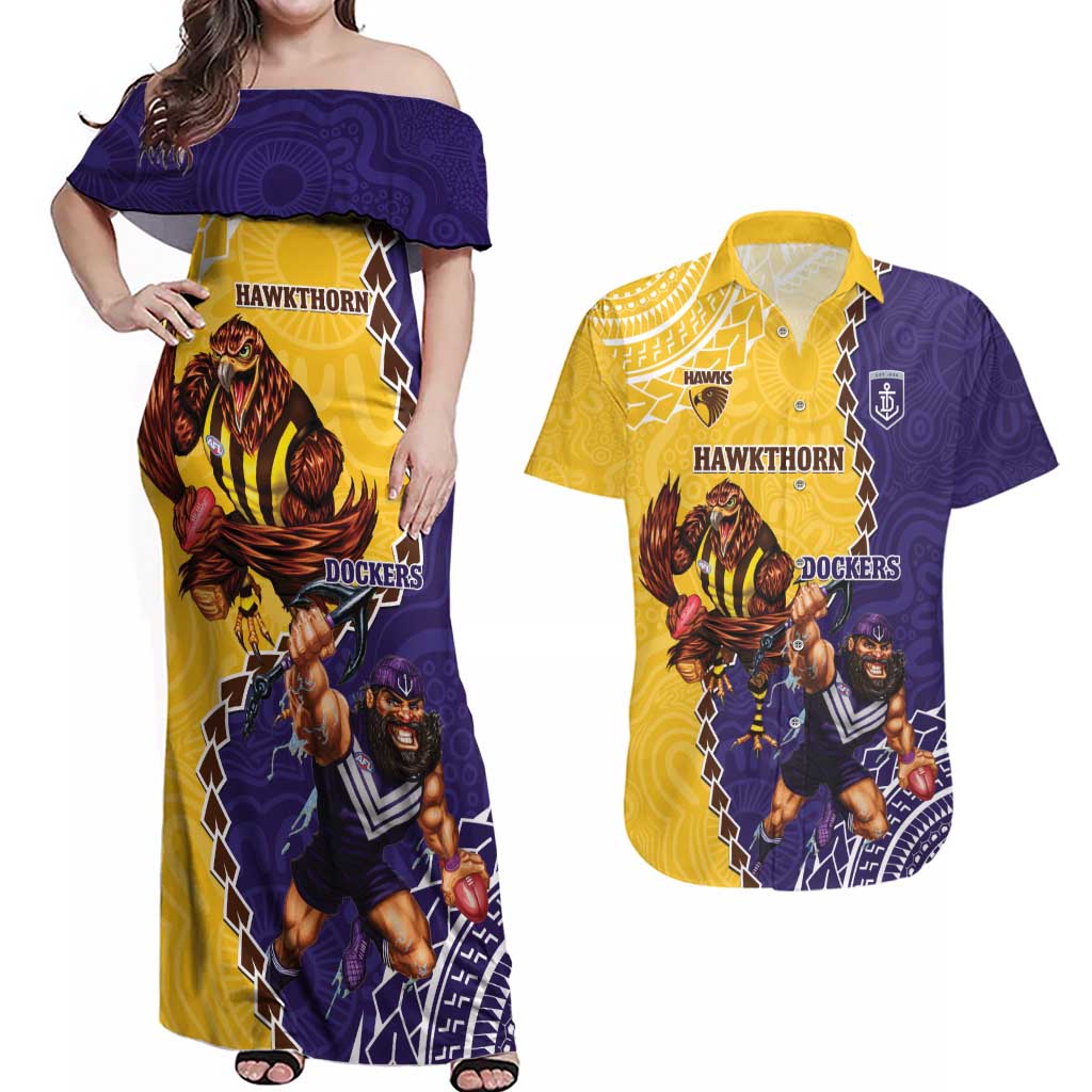 Custom Dockers And Hawks Football Couples Matching Off Shoulder Maxi Dress and Hawaiian Shirt Aboriginal Mix Polynesian Pattern