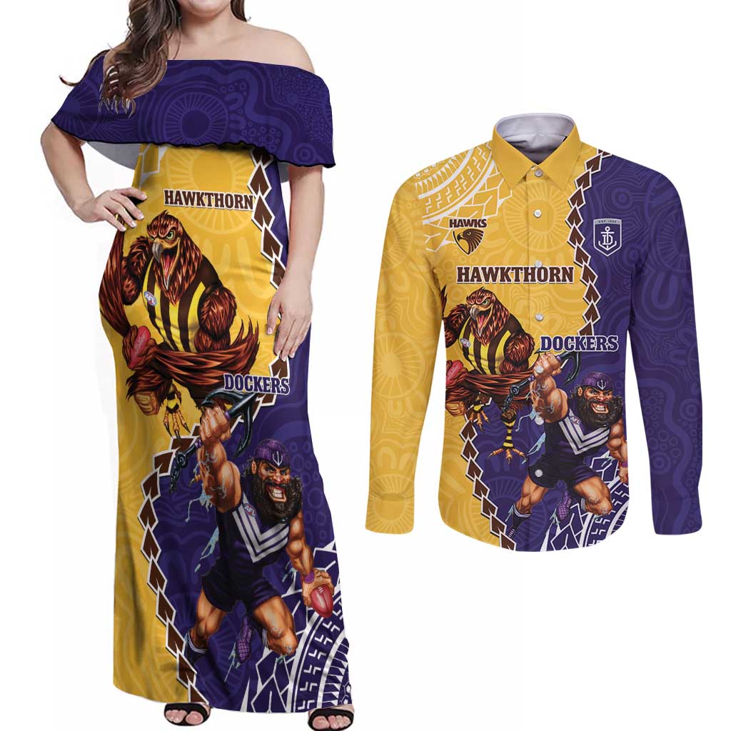 Custom Dockers And Hawks Football Couples Matching Off Shoulder Maxi Dress and Long Sleeve Button Shirt Aboriginal Mix Polynesian Pattern