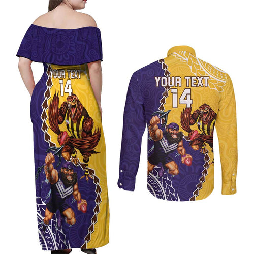 Custom Dockers And Hawks Football Couples Matching Off Shoulder Maxi Dress and Long Sleeve Button Shirt Aboriginal Mix Polynesian Pattern