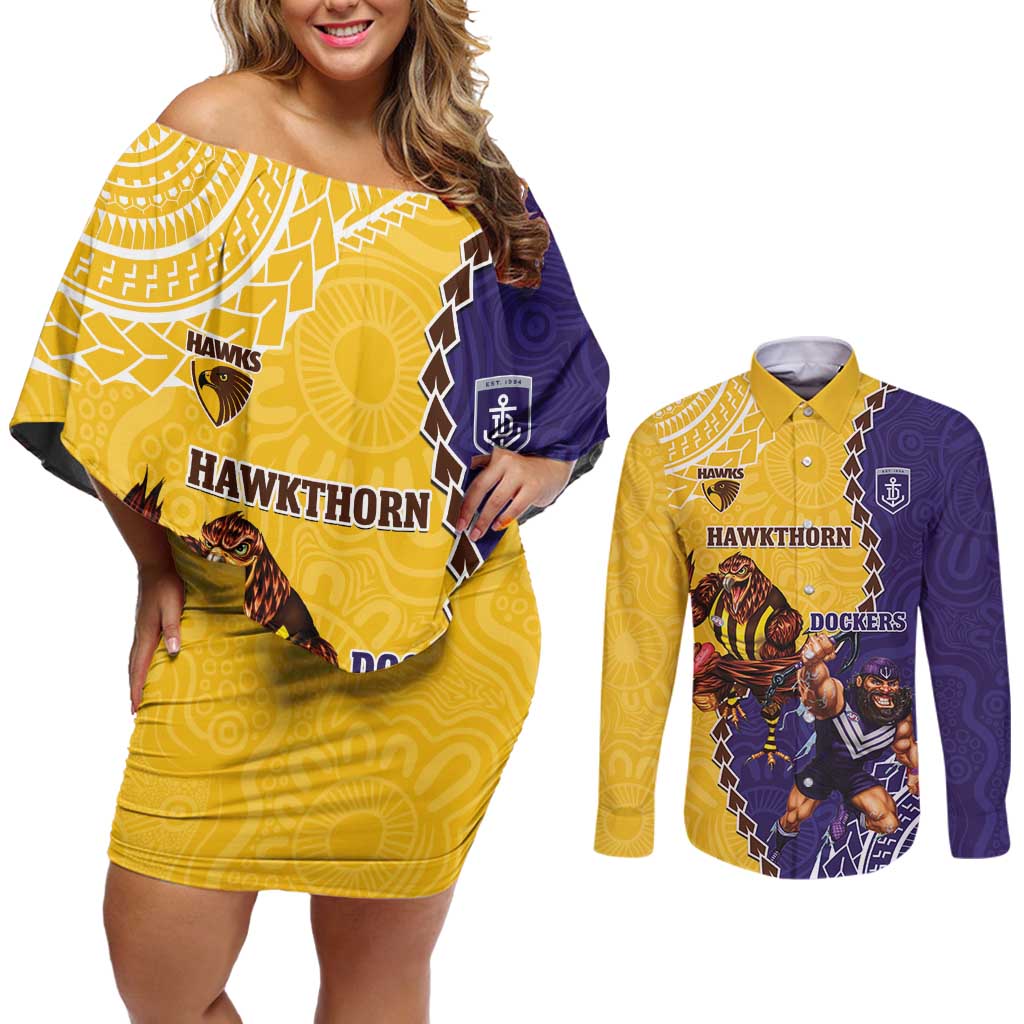 Custom Dockers And Hawks Football Couples Matching Off Shoulder Short Dress and Long Sleeve Button Shirt Aboriginal Mix Polynesian Pattern