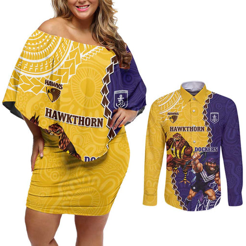 Custom Dockers And Hawks Football Couples Matching Off Shoulder Short Dress and Long Sleeve Button Shirt Aboriginal Mix Polynesian Pattern