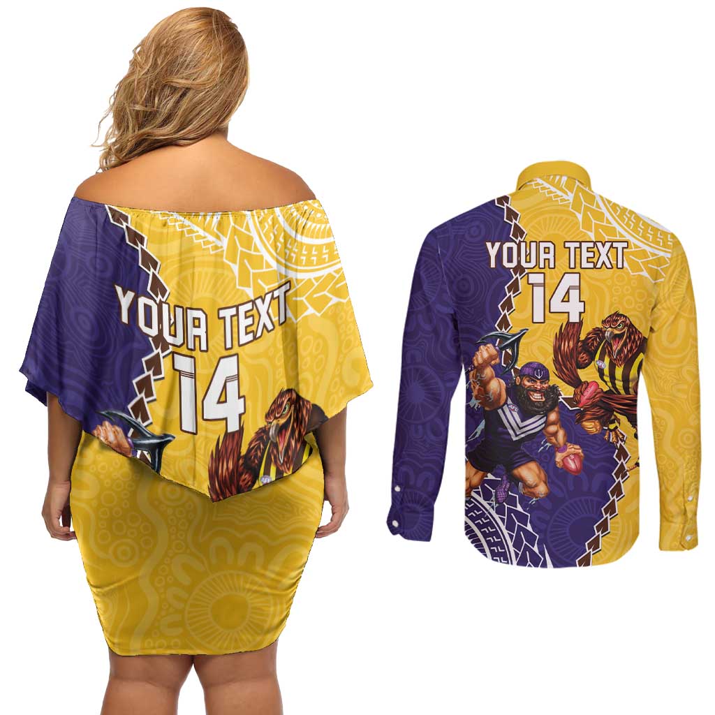 Custom Dockers And Hawks Football Couples Matching Off Shoulder Short Dress and Long Sleeve Button Shirt Aboriginal Mix Polynesian Pattern