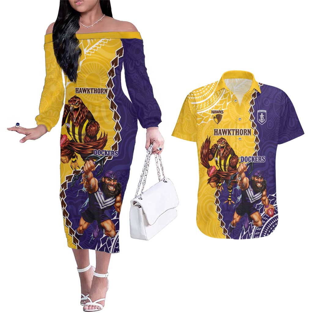 Custom Dockers And Hawks Football Couples Matching Off The Shoulder Long Sleeve Dress and Hawaiian Shirt Aboriginal Mix Polynesian Pattern