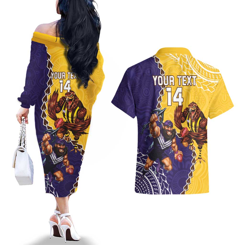 Custom Dockers And Hawks Football Couples Matching Off The Shoulder Long Sleeve Dress and Hawaiian Shirt Aboriginal Mix Polynesian Pattern