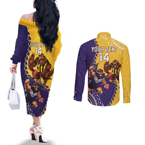Custom Dockers And Hawks Football Couples Matching Off The Shoulder Long Sleeve Dress and Long Sleeve Button Shirt Aboriginal Mix Polynesian Pattern