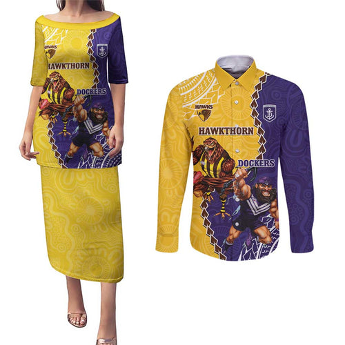 Custom Dockers And Hawks Football Couples Matching Puletasi and Long Sleeve Button Shirt Aboriginal Mix Polynesian Pattern