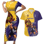 Custom Dockers And Hawks Football Couples Matching Short Sleeve Bodycon Dress and Hawaiian Shirt Aboriginal Mix Polynesian Pattern