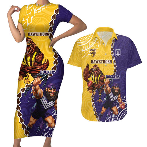 Custom Dockers And Hawks Football Couples Matching Short Sleeve Bodycon Dress and Hawaiian Shirt Aboriginal Mix Polynesian Pattern
