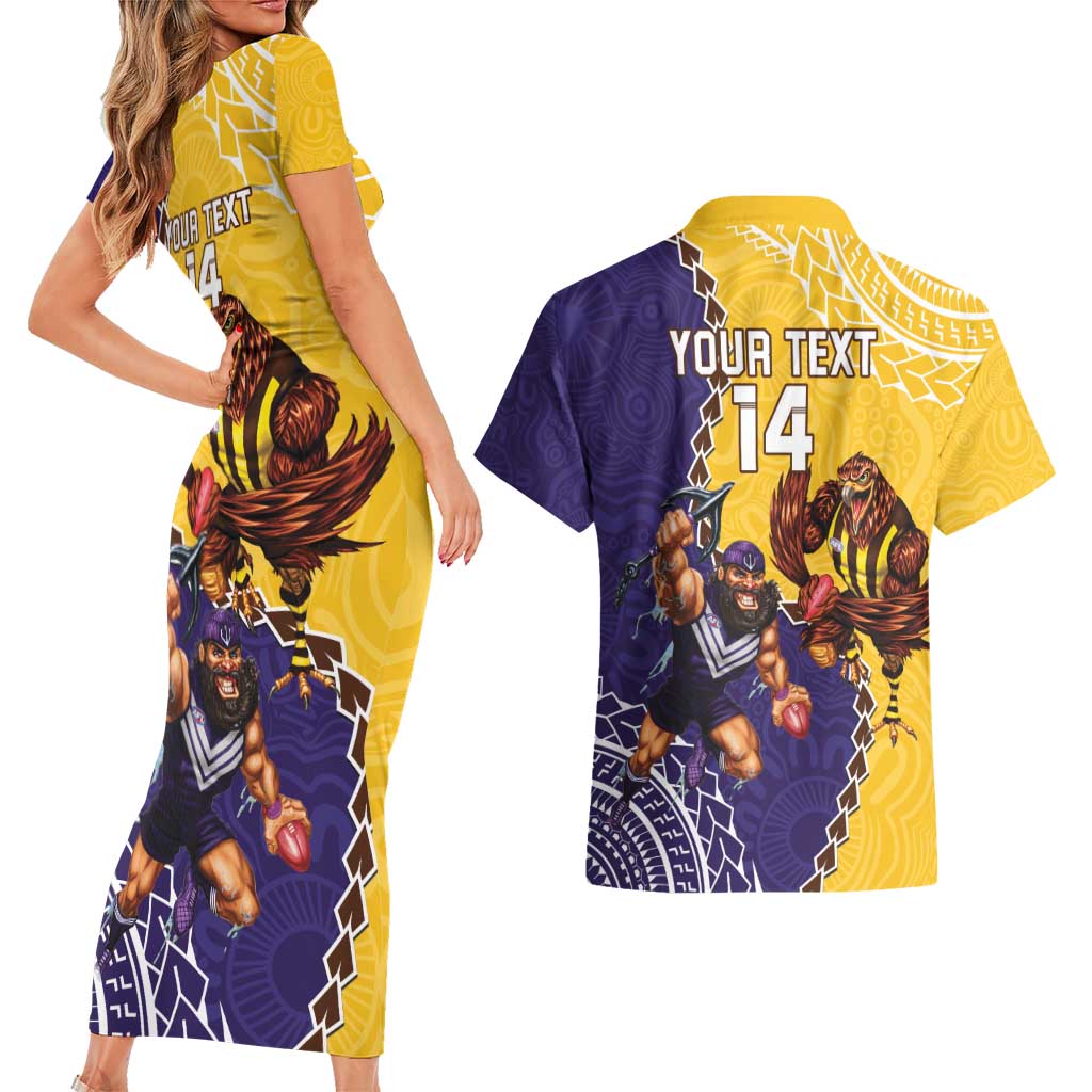 Custom Dockers And Hawks Football Couples Matching Short Sleeve Bodycon Dress and Hawaiian Shirt Aboriginal Mix Polynesian Pattern