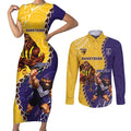 Custom Dockers And Hawks Football Couples Matching Short Sleeve Bodycon Dress and Long Sleeve Button Shirt Aboriginal Mix Polynesian Pattern