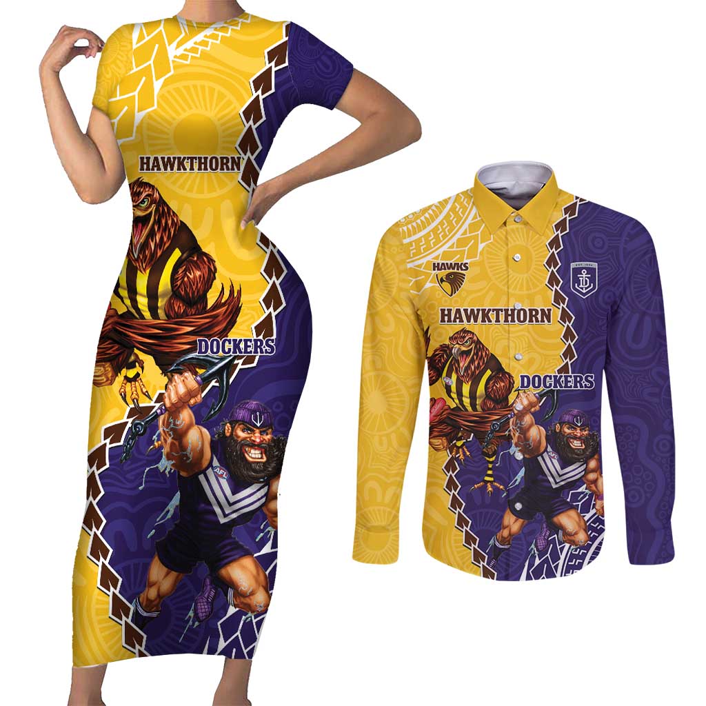 Custom Dockers And Hawks Football Couples Matching Short Sleeve Bodycon Dress and Long Sleeve Button Shirt Aboriginal Mix Polynesian Pattern
