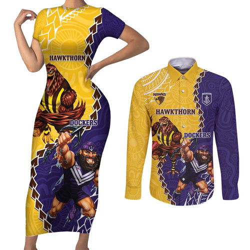 Custom Dockers And Hawks Football Couples Matching Short Sleeve Bodycon Dress and Long Sleeve Button Shirt Aboriginal Mix Polynesian Pattern