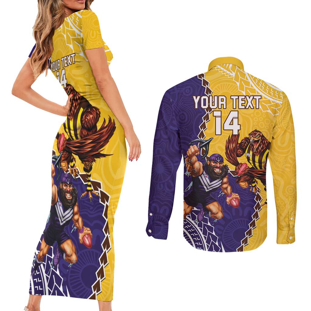 Custom Dockers And Hawks Football Couples Matching Short Sleeve Bodycon Dress and Long Sleeve Button Shirt Aboriginal Mix Polynesian Pattern