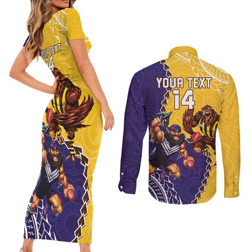 Custom Dockers And Hawks Football Couples Matching Short Sleeve Bodycon Dress and Long Sleeve Button Shirt Aboriginal Mix Polynesian Pattern