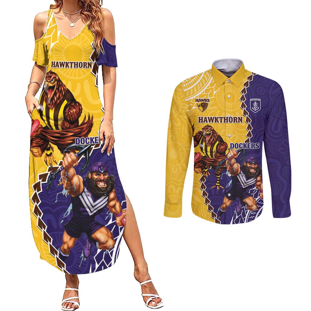 Custom Dockers And Hawks Football Couples Matching Summer Maxi Dress and Long Sleeve Button Shirt Aboriginal Mix Polynesian Pattern