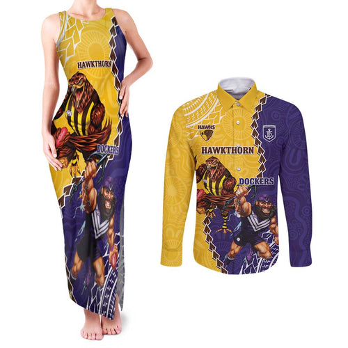 Custom Dockers And Hawks Football Couples Matching Tank Maxi Dress and Long Sleeve Button Shirt Aboriginal Mix Polynesian Pattern
