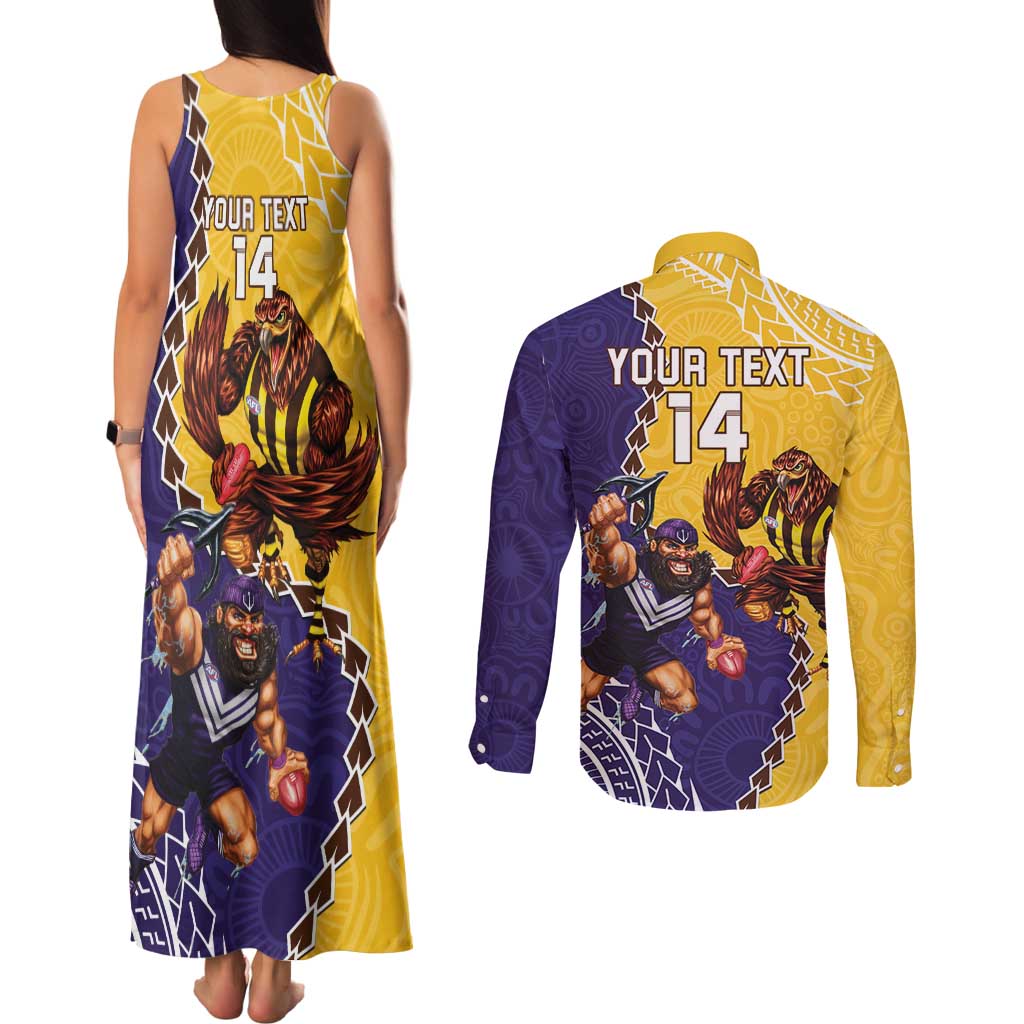 Custom Dockers And Hawks Football Couples Matching Tank Maxi Dress and Long Sleeve Button Shirt Aboriginal Mix Polynesian Pattern