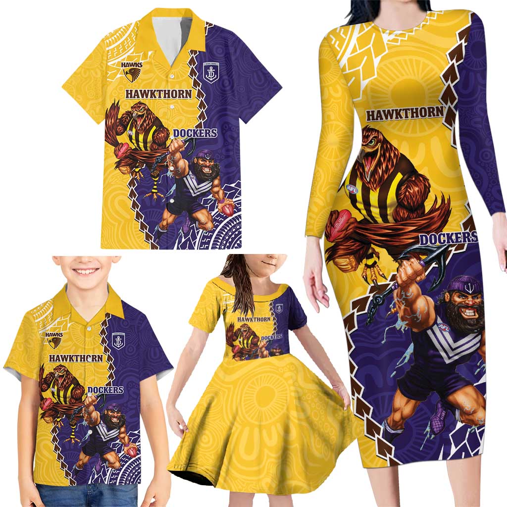 Custom Dockers And Hawks Football Family Matching Long Sleeve Bodycon Dress and Hawaiian Shirt Aboriginal Mix Polynesian Pattern