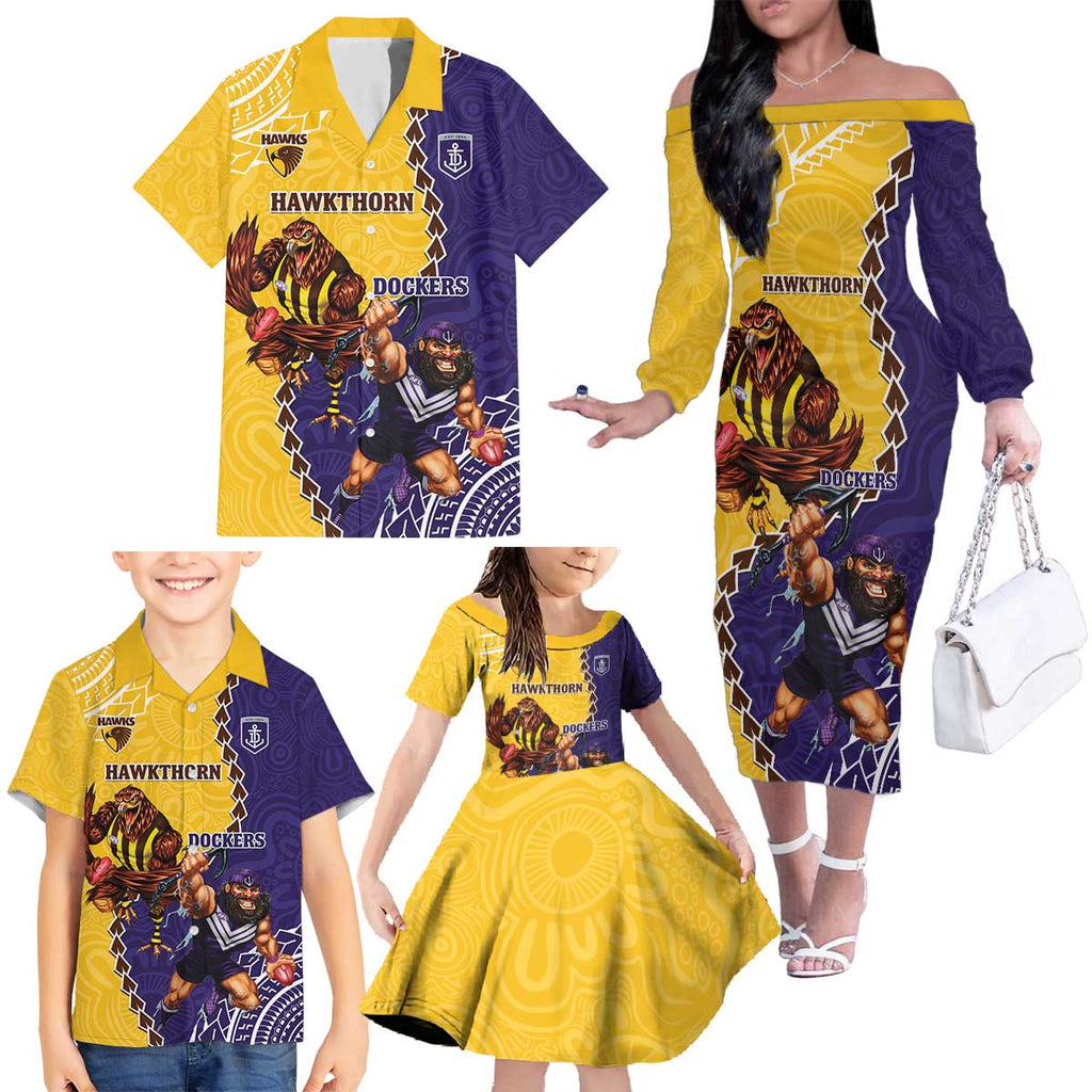 Custom Dockers And Hawks Football Family Matching Off The Shoulder Long Sleeve Dress and Hawaiian Shirt Aboriginal Mix Polynesian Pattern