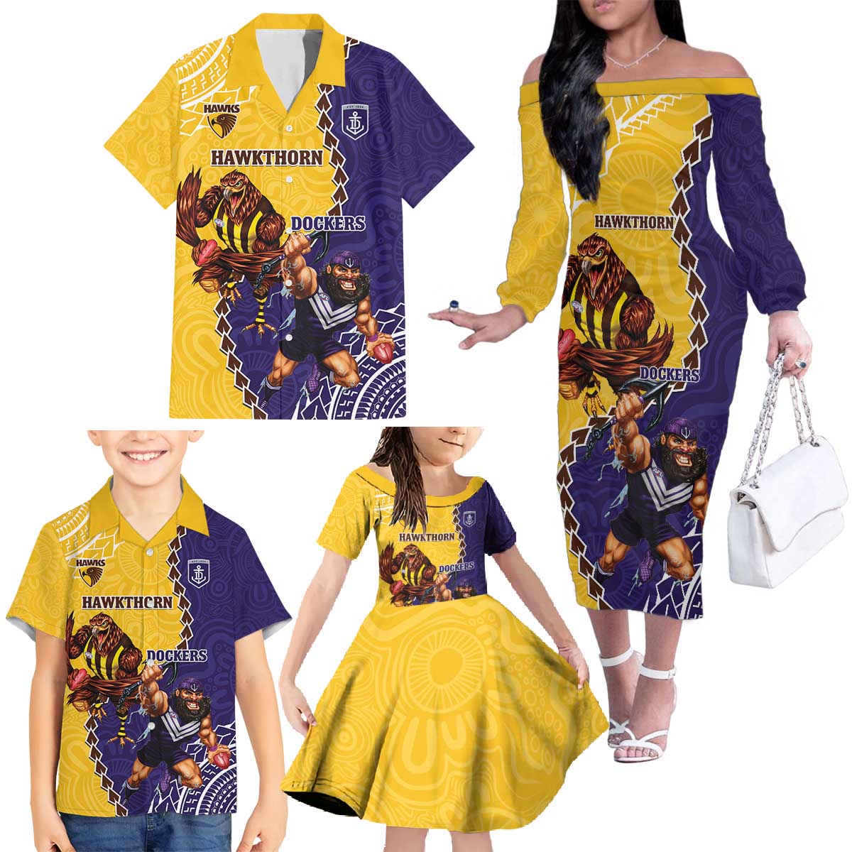 Custom Dockers And Hawks Football Family Matching Off The Shoulder Long Sleeve Dress and Hawaiian Shirt Aboriginal Mix Polynesian Pattern