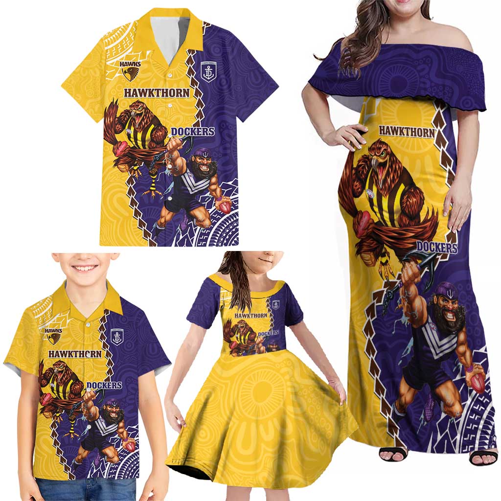 Custom Dockers And Hawks Football Family Matching Off Shoulder Maxi Dress and Hawaiian Shirt Aboriginal Mix Polynesian Pattern