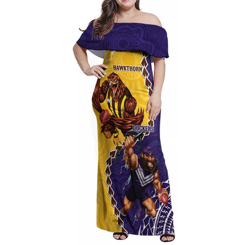 Custom Dockers And Hawks Football Family Matching Off Shoulder Maxi Dress and Hawaiian Shirt Aboriginal Mix Polynesian Pattern