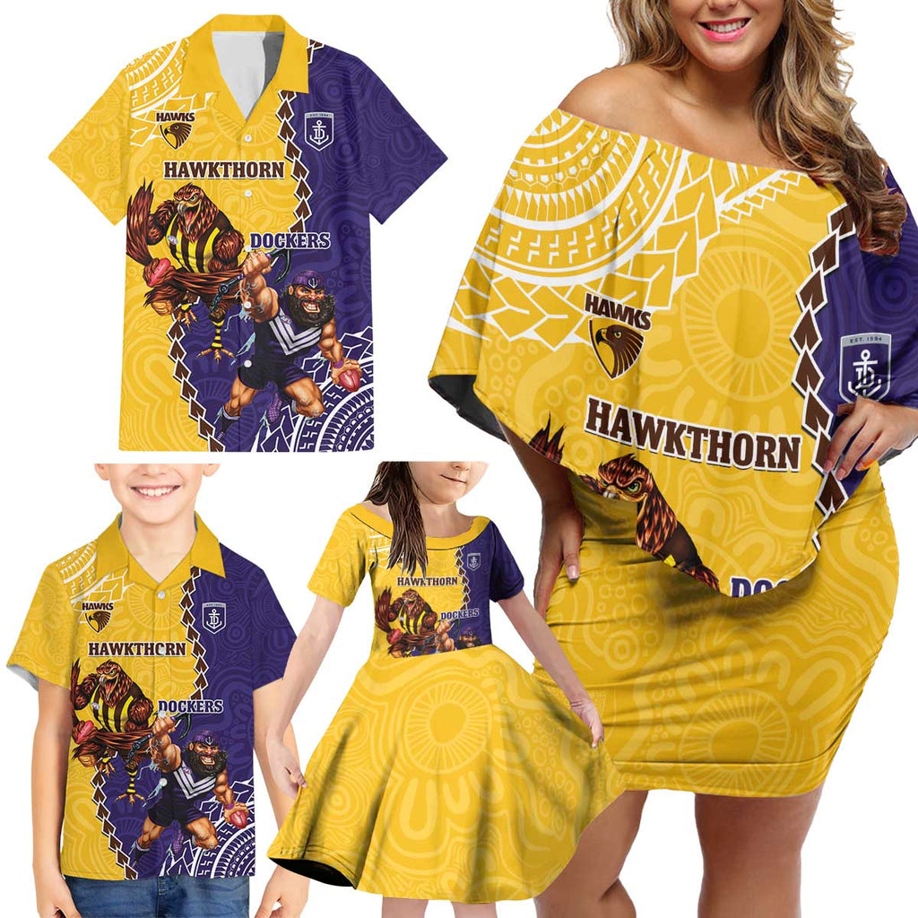 Custom Dockers And Hawks Football Family Matching Off Shoulder Short Dress and Hawaiian Shirt Aboriginal Mix Polynesian Pattern