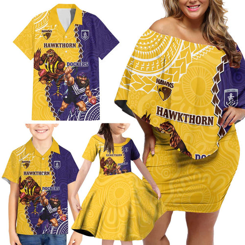 Custom Dockers And Hawks Football Family Matching Off Shoulder Short Dress and Hawaiian Shirt Aboriginal Mix Polynesian Pattern