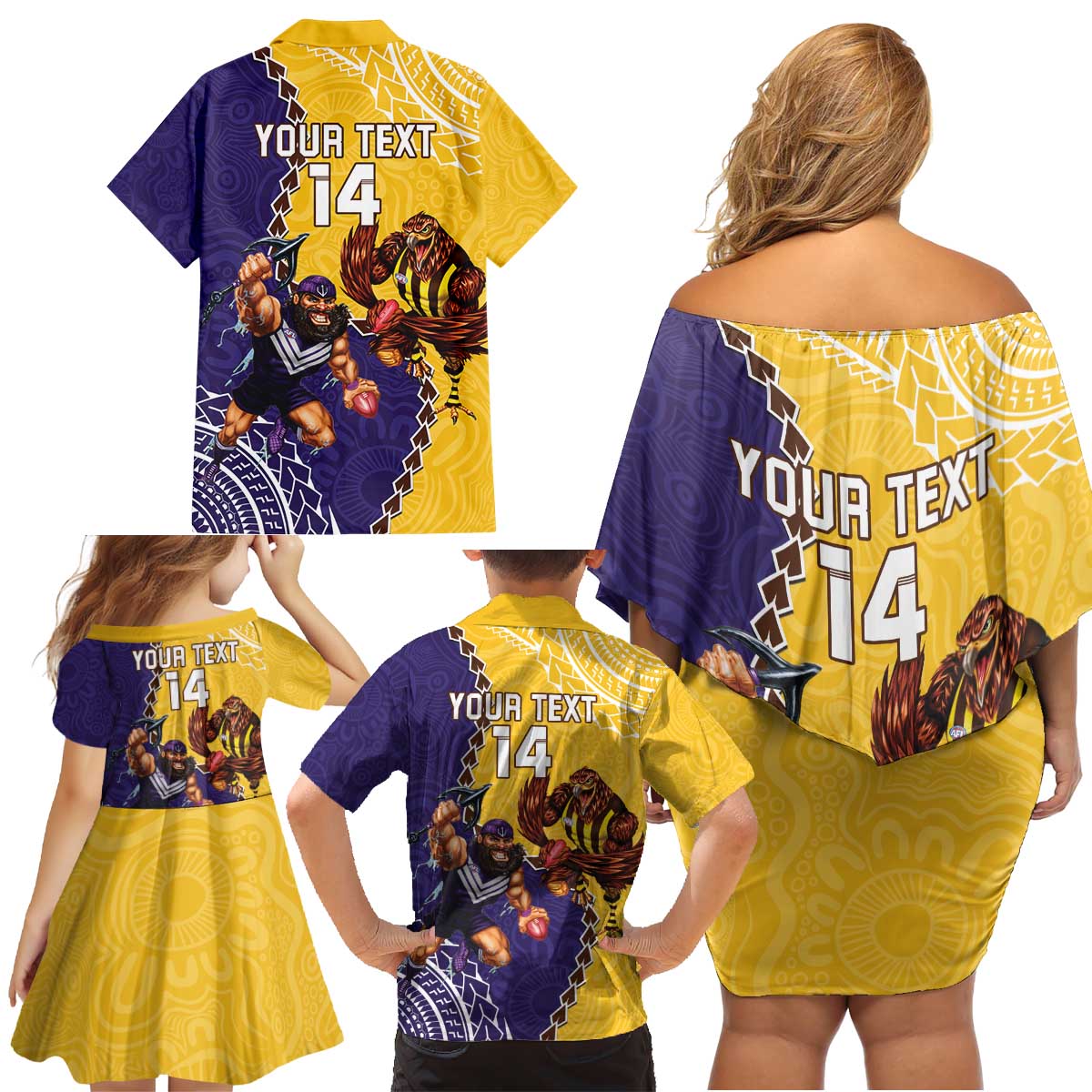 Custom Dockers And Hawks Football Family Matching Off Shoulder Short Dress and Hawaiian Shirt Aboriginal Mix Polynesian Pattern